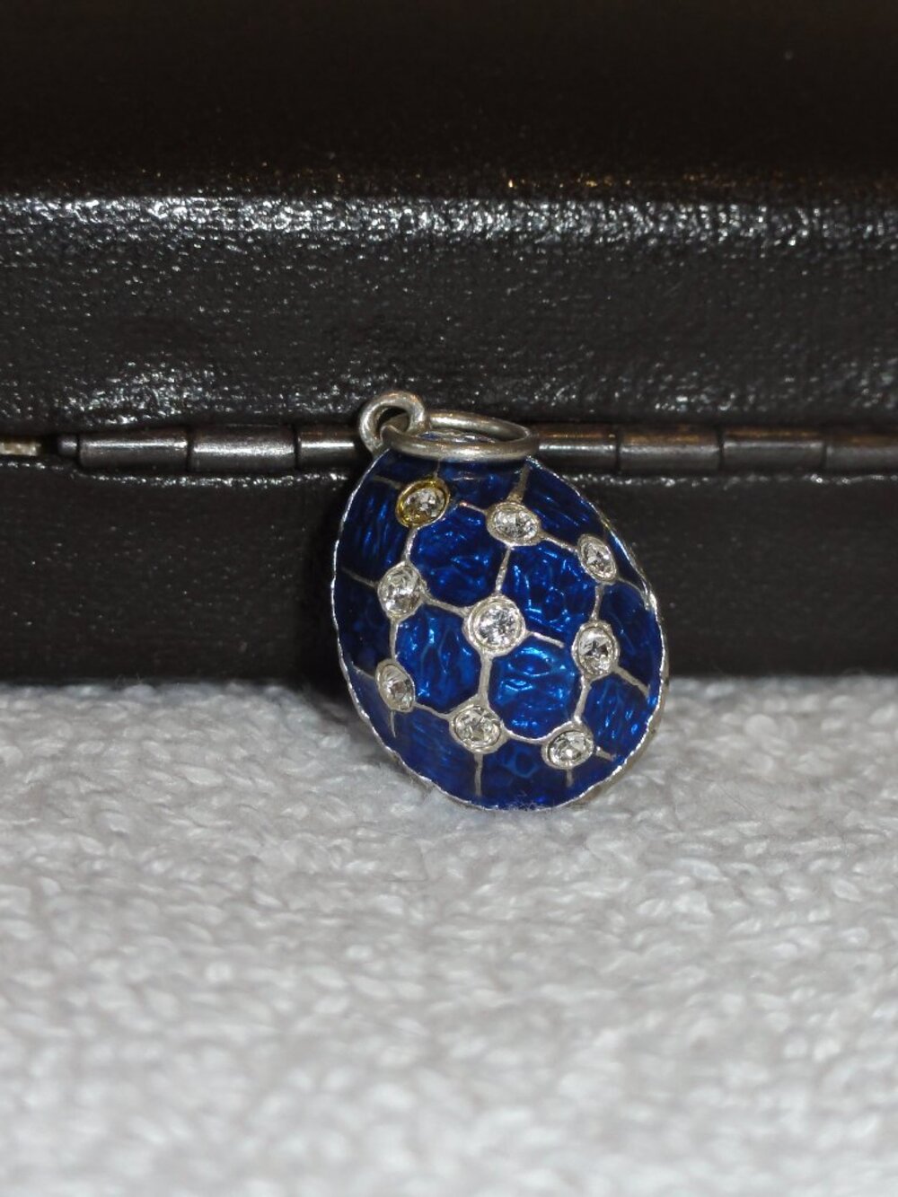 Vintage Russian Egg Pendant Blue Guilloche Silver & Enamel w/ Rhinestones